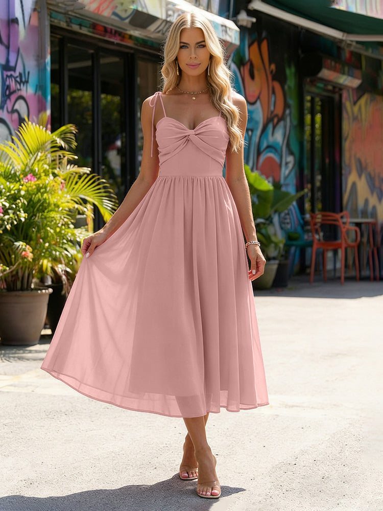 Chiffon A-Line Spaghetti Straps Midi Bridesmaid Dresses with Pleats