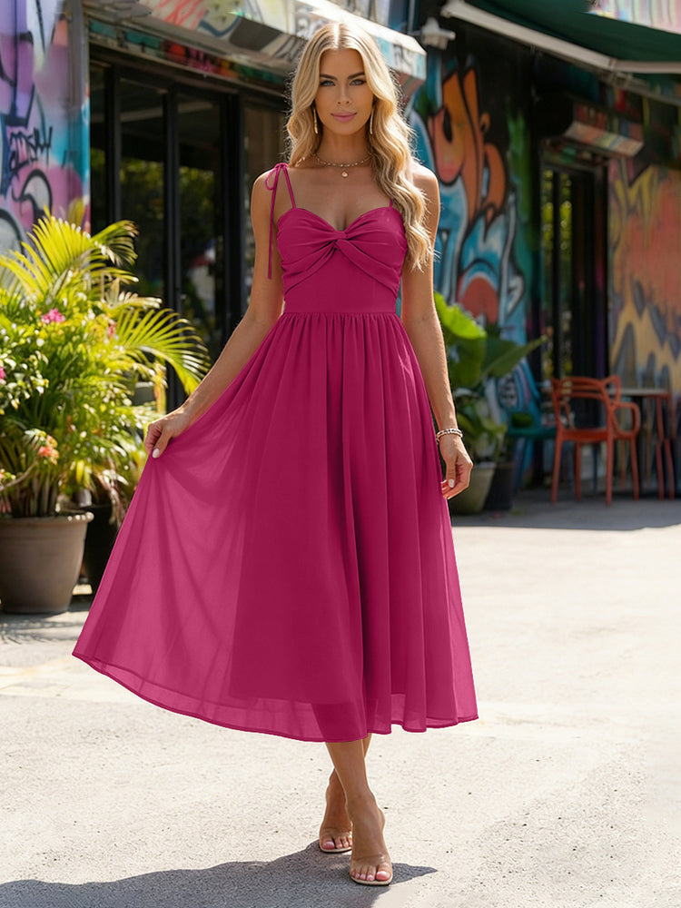 Chiffon A-Line Spaghetti Straps Midi Bridesmaid Dresses with Pleats