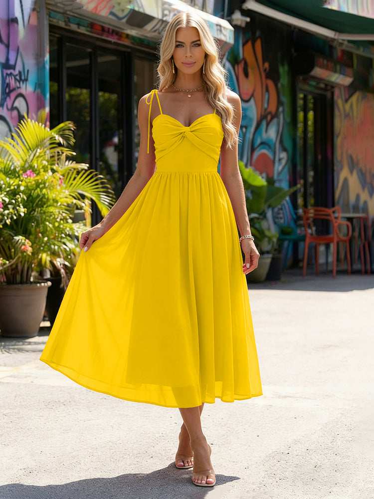 Chiffon A-Line Spaghetti Straps Midi Bridesmaid Dresses with Pleats