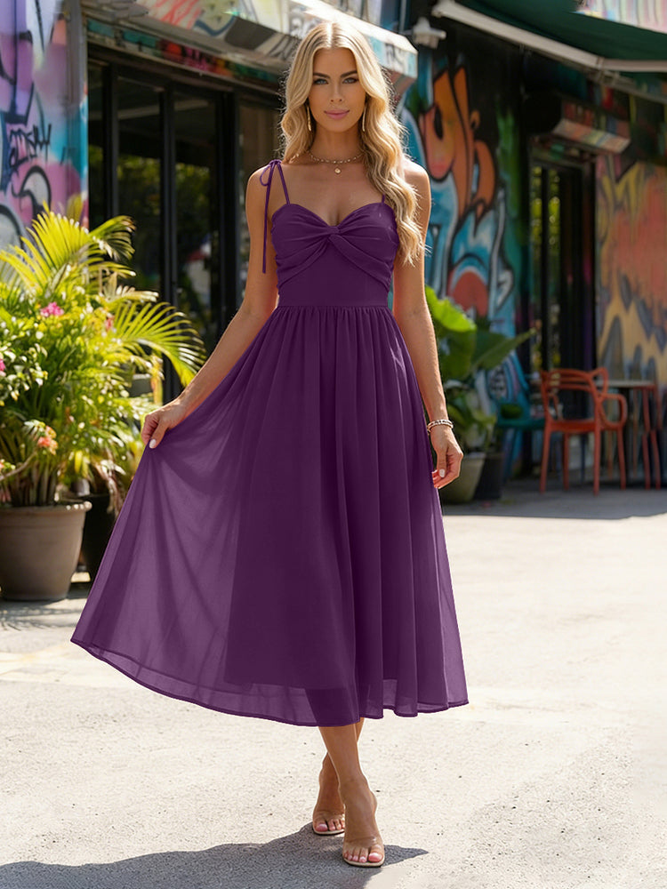 Chiffon A-Line Spaghetti Straps Midi Bridesmaid Dresses with Pleats