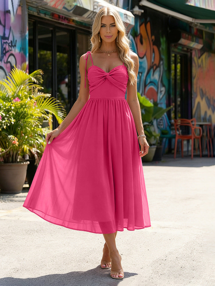 Chiffon A-Line Spaghetti Straps Midi Bridesmaid Dresses with Pleats