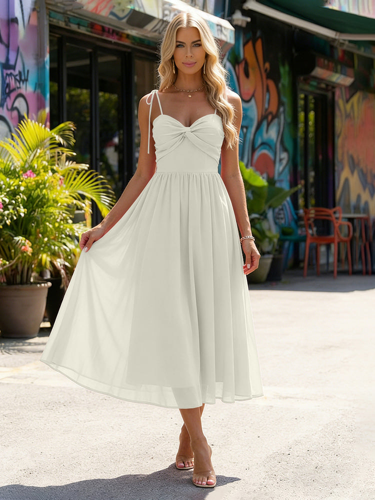Chiffon A-Line Spaghetti Straps Midi Bridesmaid Dresses with Pleats