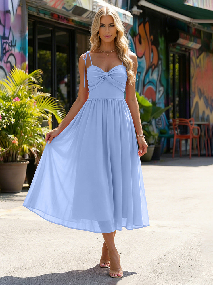 Chiffon A-Line Spaghetti Straps Midi Bridesmaid Dresses with Pleats
