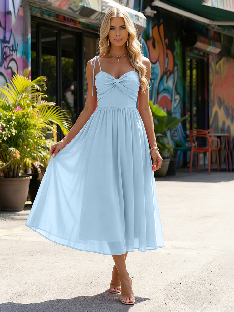 Chiffon A-Line Spaghetti Straps Midi Bridesmaid Dresses with Pleats