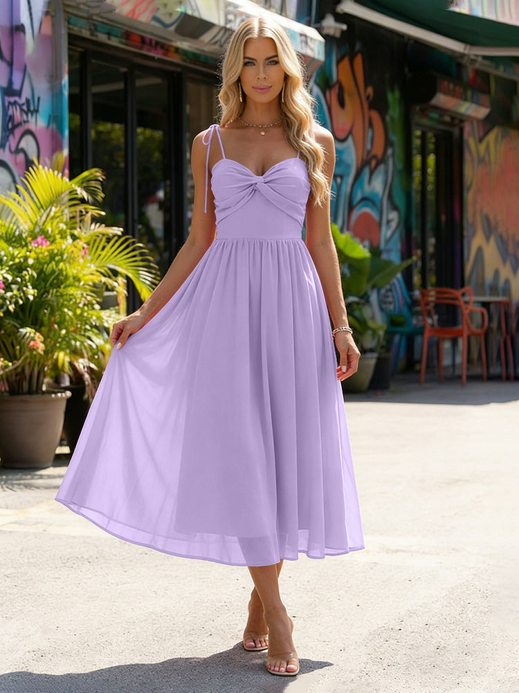 Chiffon A-Line Spaghetti Straps Midi Bridesmaid Dresses with Pleats