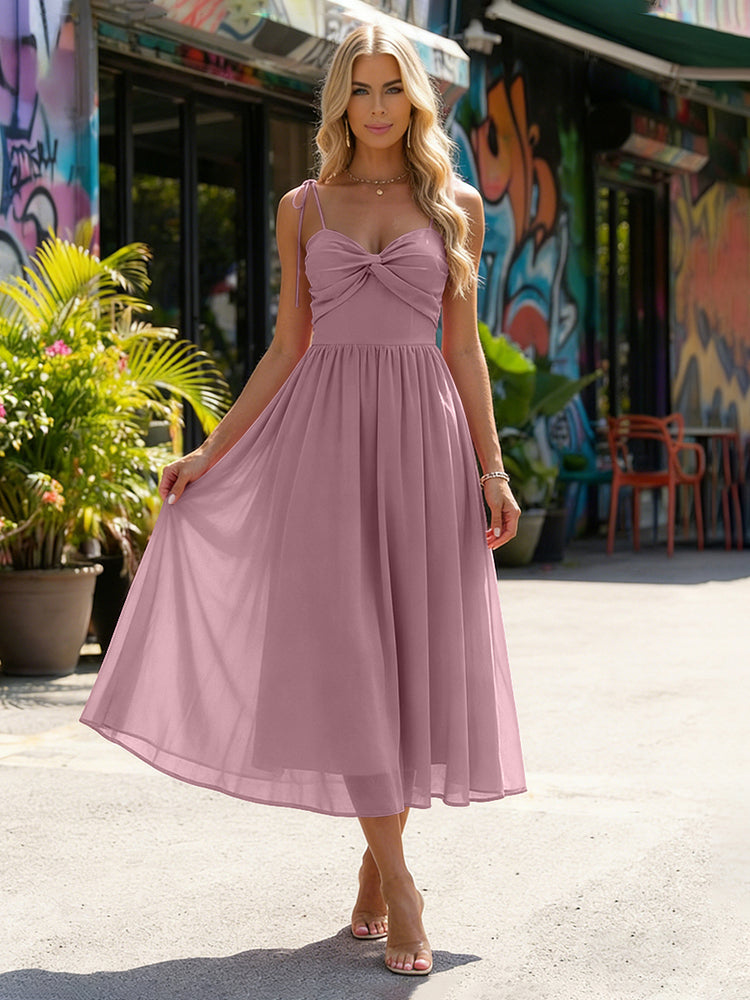 Chiffon A-Line Spaghetti Straps Midi Bridesmaid Dresses with Pleats