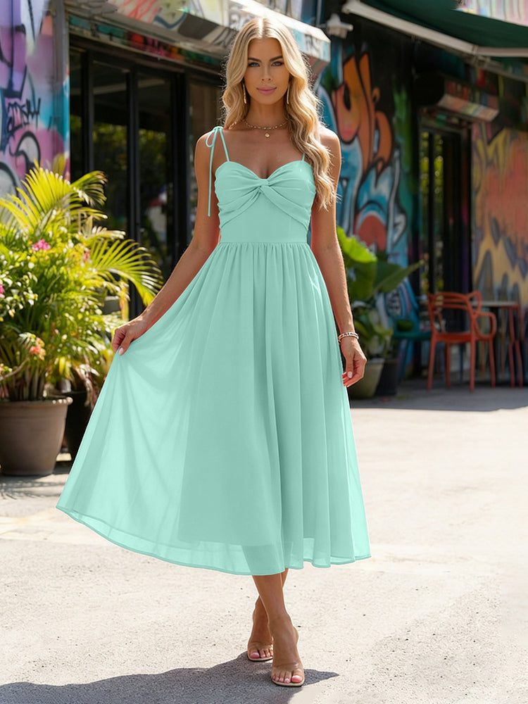 Chiffon A-Line Spaghetti Straps Midi Bridesmaid Dresses with Pleats