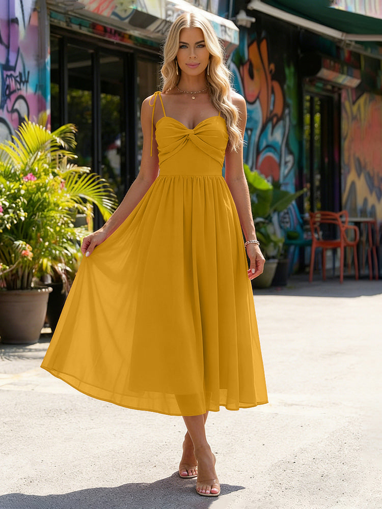 Chiffon A-Line Spaghetti Straps Midi Bridesmaid Dresses with Pleats
