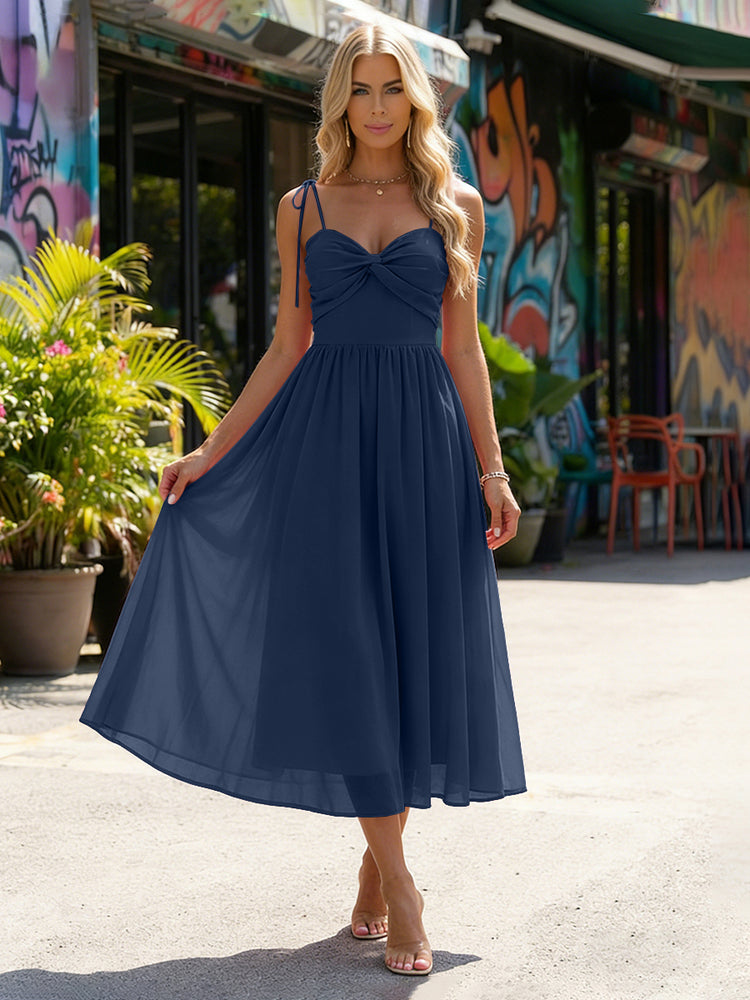 Chiffon A-Line Spaghetti Straps Midi Bridesmaid Dresses with Pleats