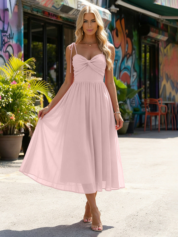 Chiffon A-Line Spaghetti Straps Midi Bridesmaid Dresses with Pleats