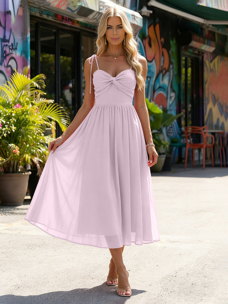 Chiffon A-Line Spaghetti Straps Midi Bridesmaid Dresses with Pleats