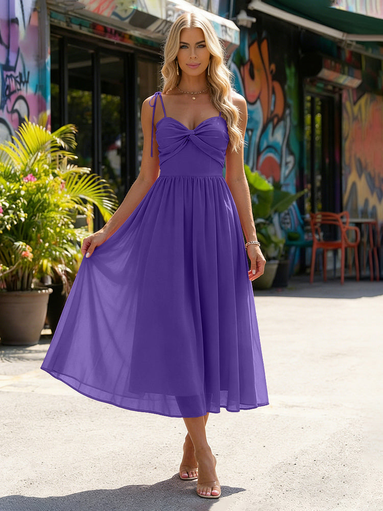 Chiffon A-Line Spaghetti Straps Midi Bridesmaid Dresses with Pleats
