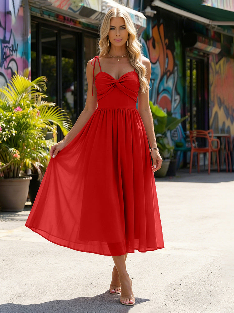 Chiffon A-Line Spaghetti Straps Midi Bridesmaid Dresses with Pleats