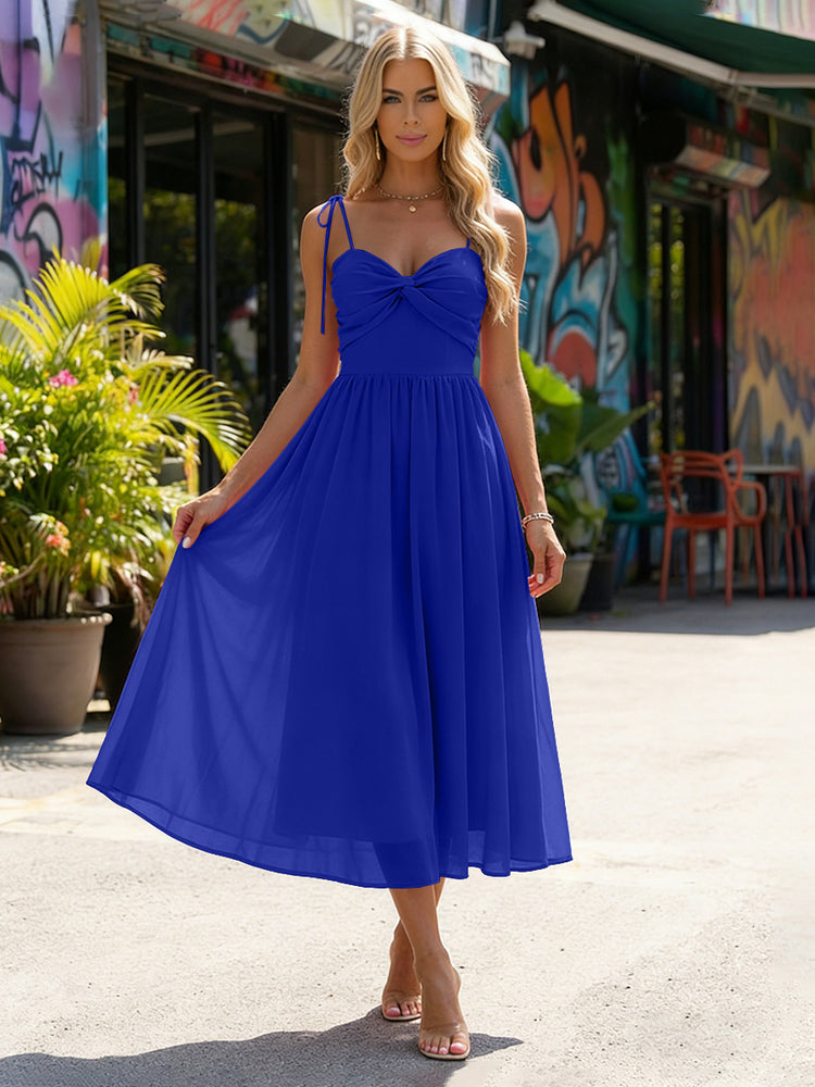 Chiffon A-Line Spaghetti Straps Midi Bridesmaid Dresses with Pleats