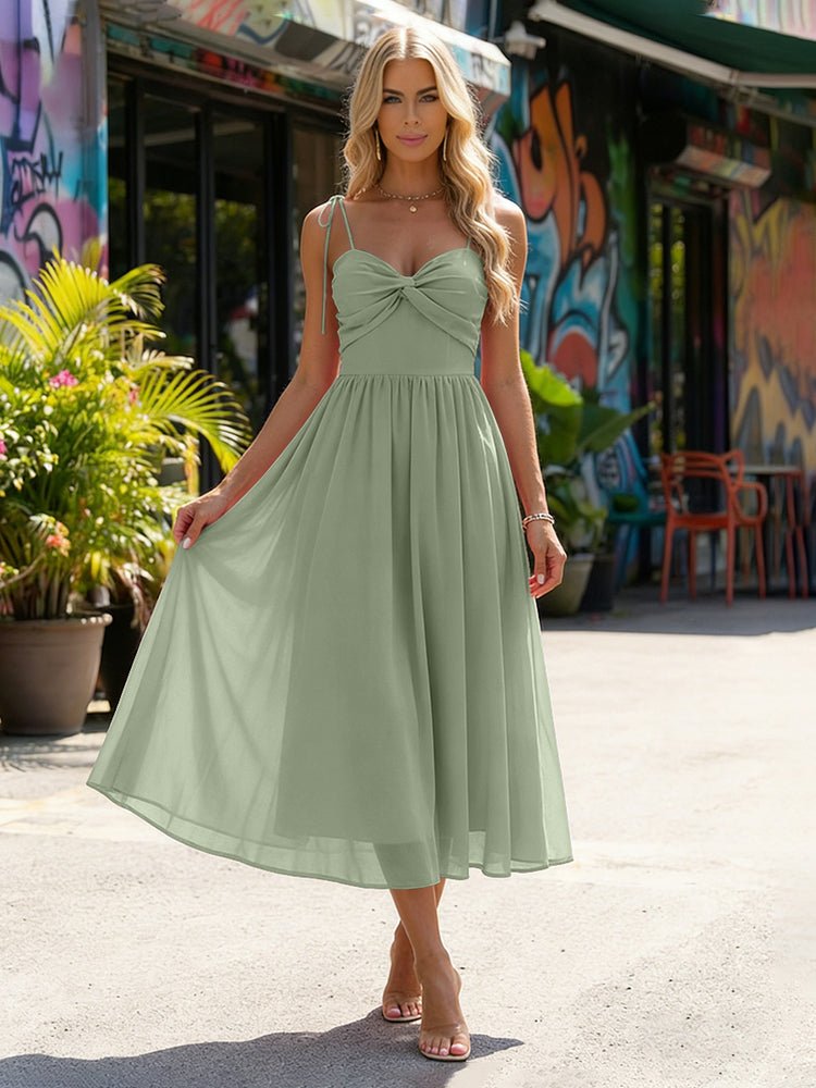 Chiffon A-Line Spaghetti Straps Midi Bridesmaid Dresses with Pleats