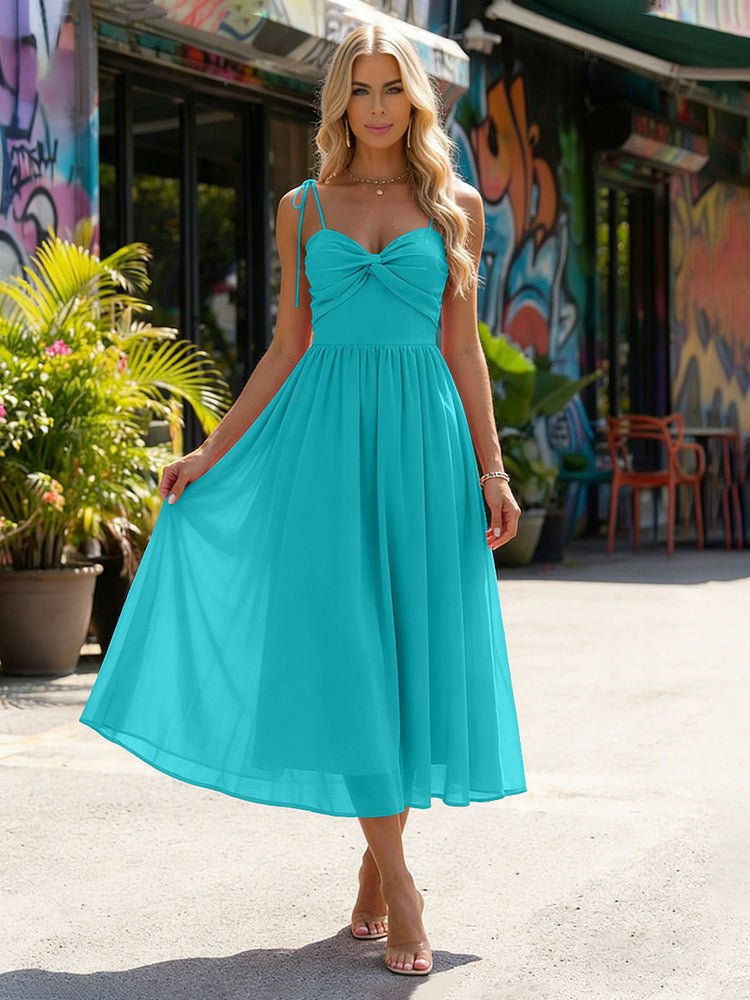 Chiffon A-Line Spaghetti Straps Midi Bridesmaid Dresses with Pleats