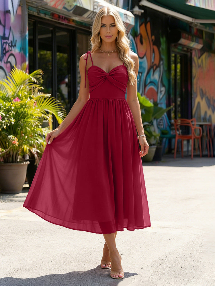 Chiffon A-Line Spaghetti Straps Midi Bridesmaid Dresses with Pleats