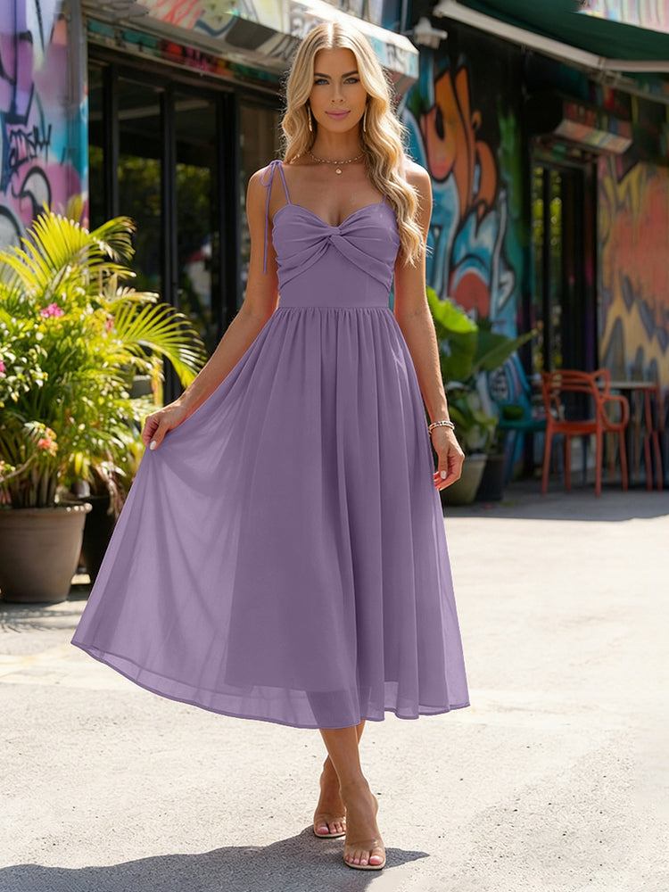 Chiffon A-Line Spaghetti Straps Midi Bridesmaid Dresses with Pleats