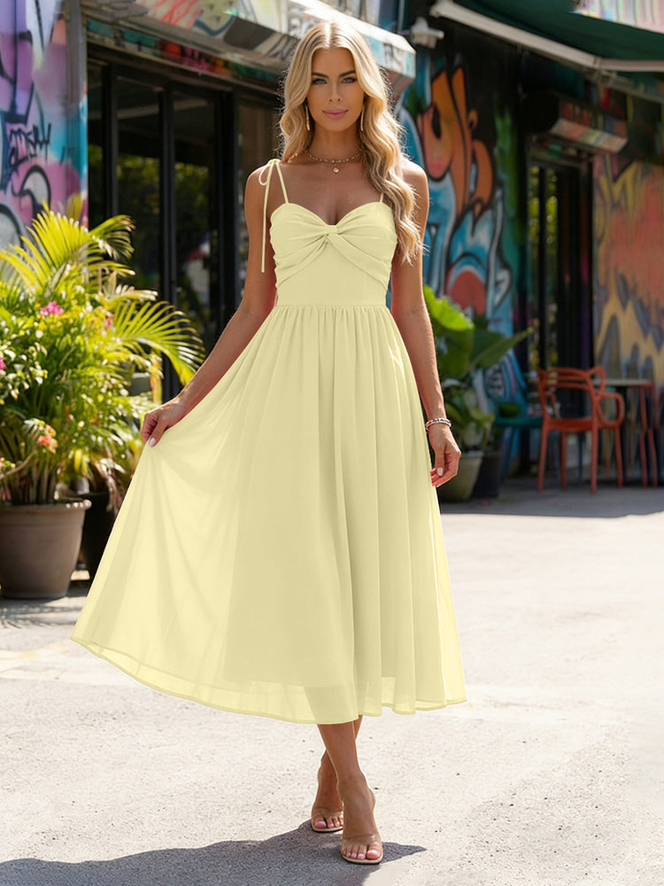 Chiffon A-Line Spaghetti Straps Midi Bridesmaid Dresses with Pleats