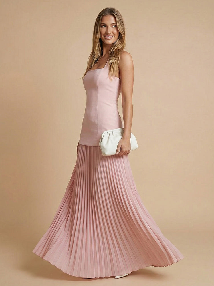 Chiffon A-Line Halter Long Bridesmaid Dresses with Pleats