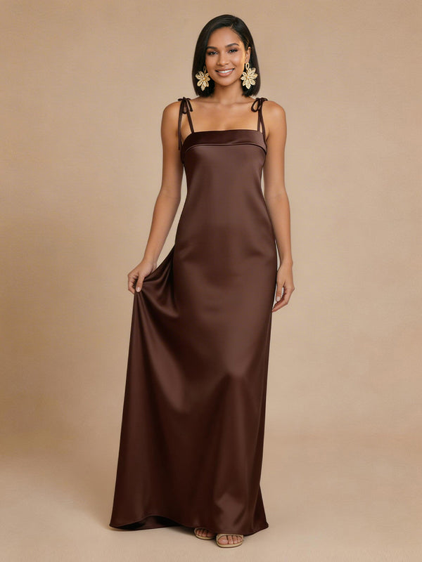 Satin Sheath Spaghetti Straps Long Simple Bridesmaid Dresses