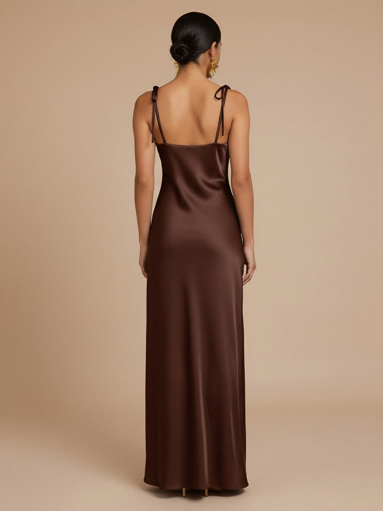 Satin Sheath Spaghetti Straps Long Simple Bridesmaid Dresses
