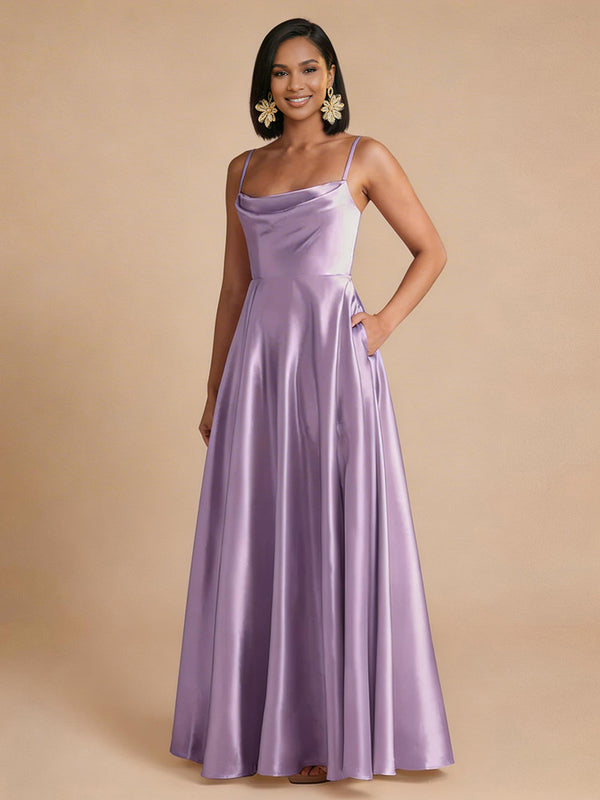 Satin A-Line Spaghetti Straps Long Bridesmaid Dresses with Pleates