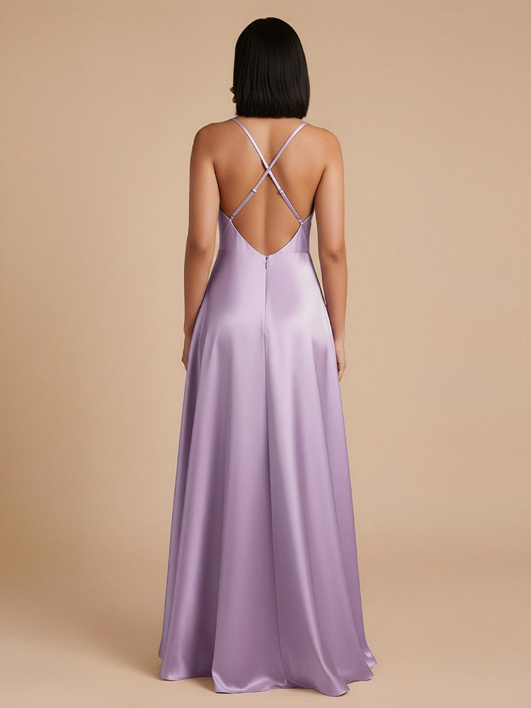 Satin A-Line Spaghetti Straps Long Bridesmaid Dresses with Pleates