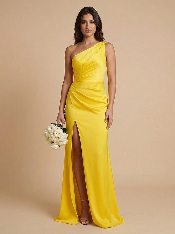 Satin Mermaid One Shoulder Long Bridesmaid Dresses with Front Slit