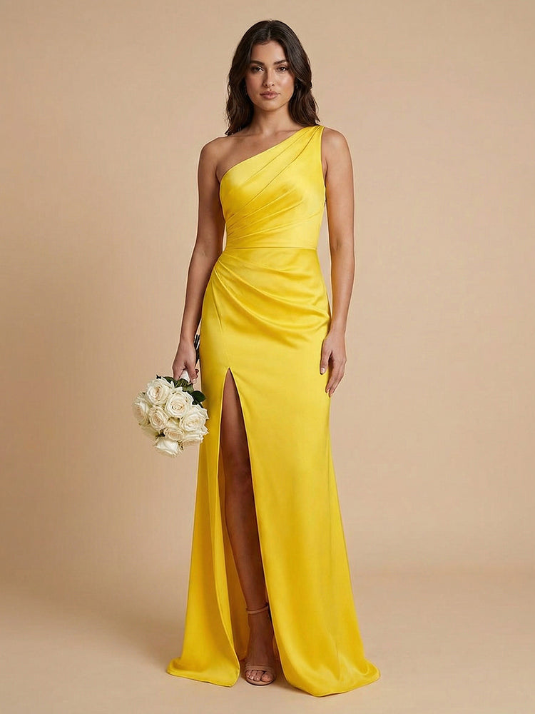 Satin Mermaid One Shoulder Long Bridesmaid Dresses with Front Slit