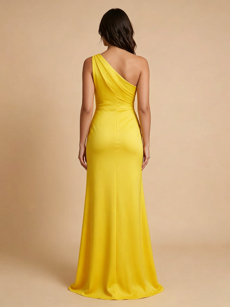 Satin Mermaid One Shoulder Long Bridesmaid Dresses with Front Slit