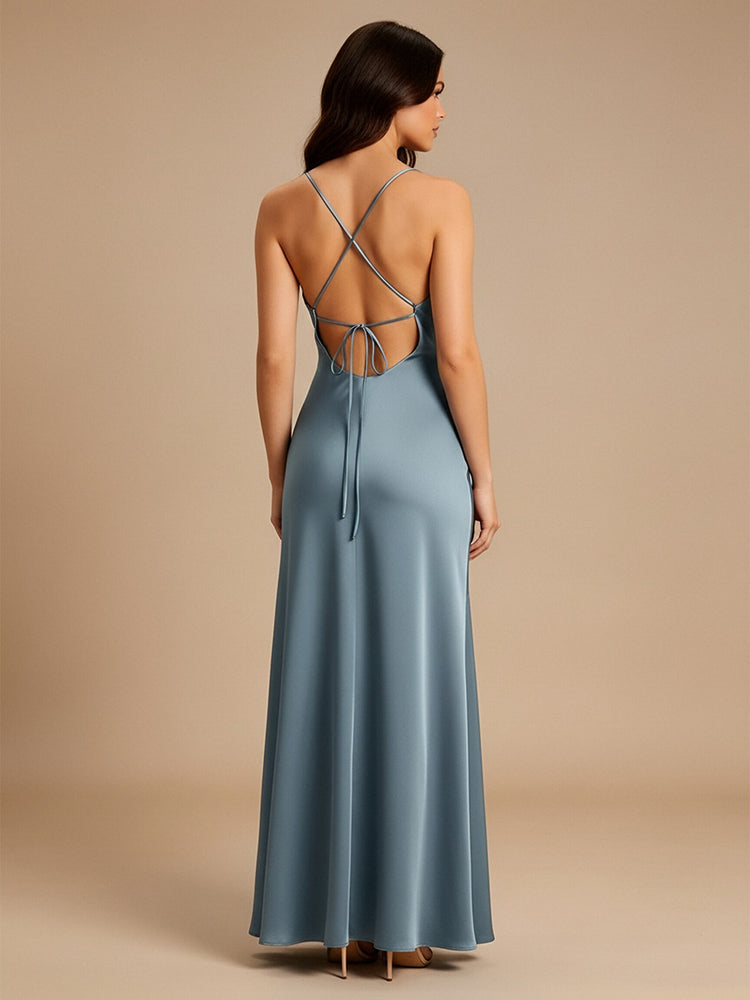 Satin Mermaid Cowl Neck Long Bridesmaid Dresses with Pleats