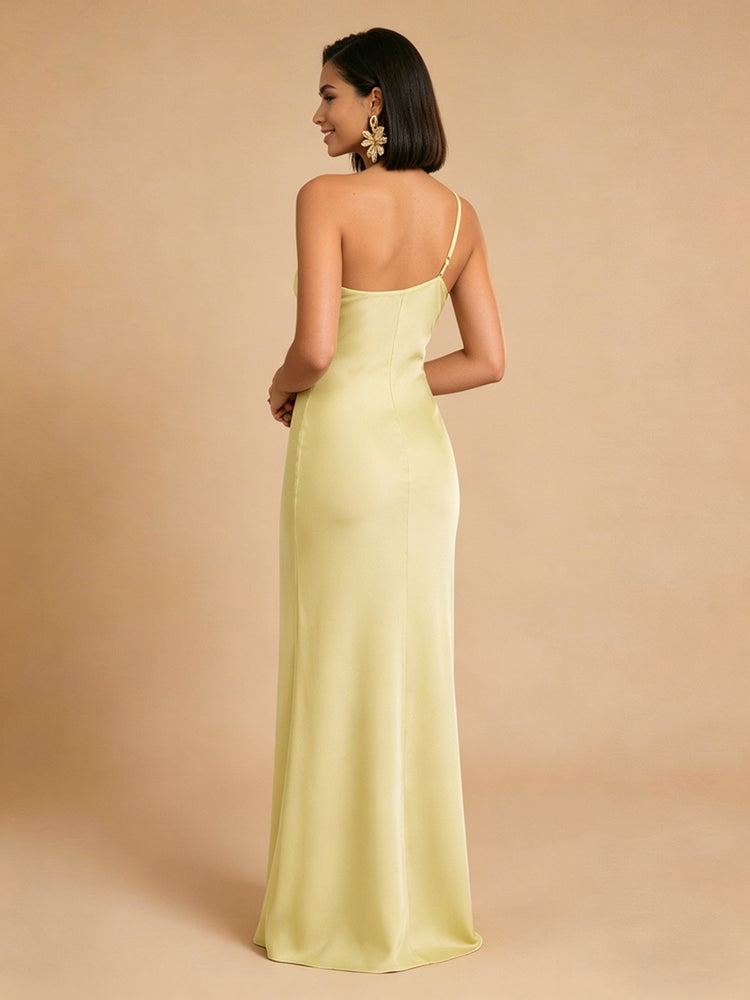 Satin Mermaid One Shoulder Long Simple Bridesmaid Dresses