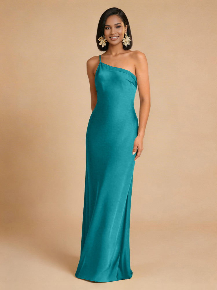Satin Mermaid One Shoulder Long Simple Bridesmaid Dresses