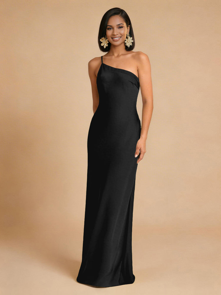 Satin Mermaid One Shoulder Long Simple Bridesmaid Dresses