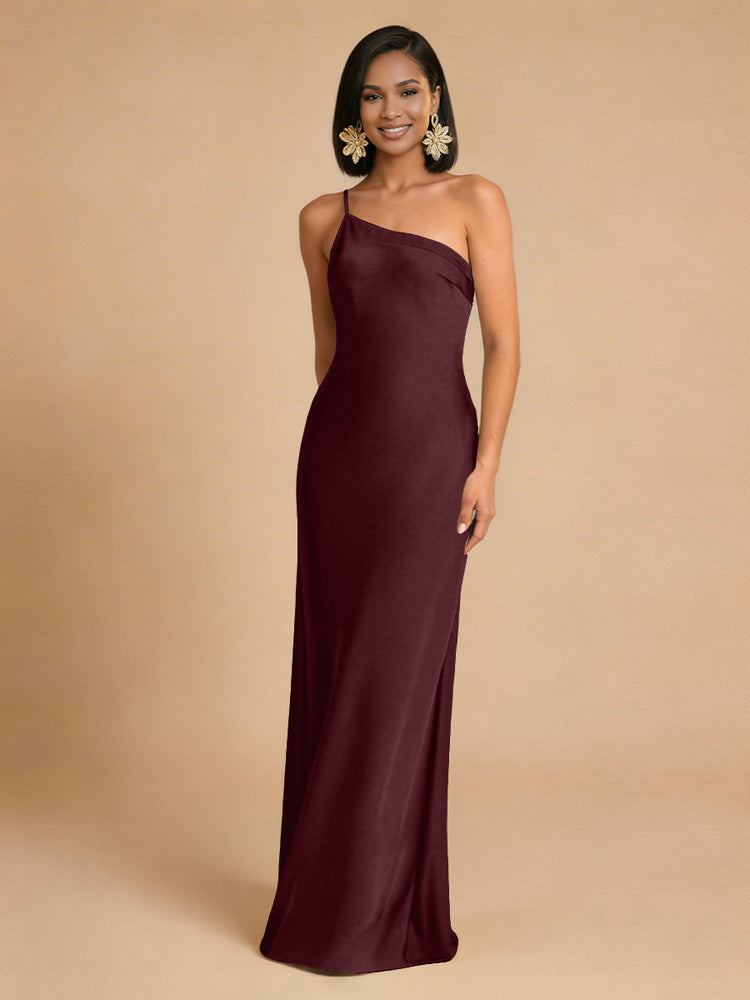 Satin Mermaid One Shoulder Long Simple Bridesmaid Dresses