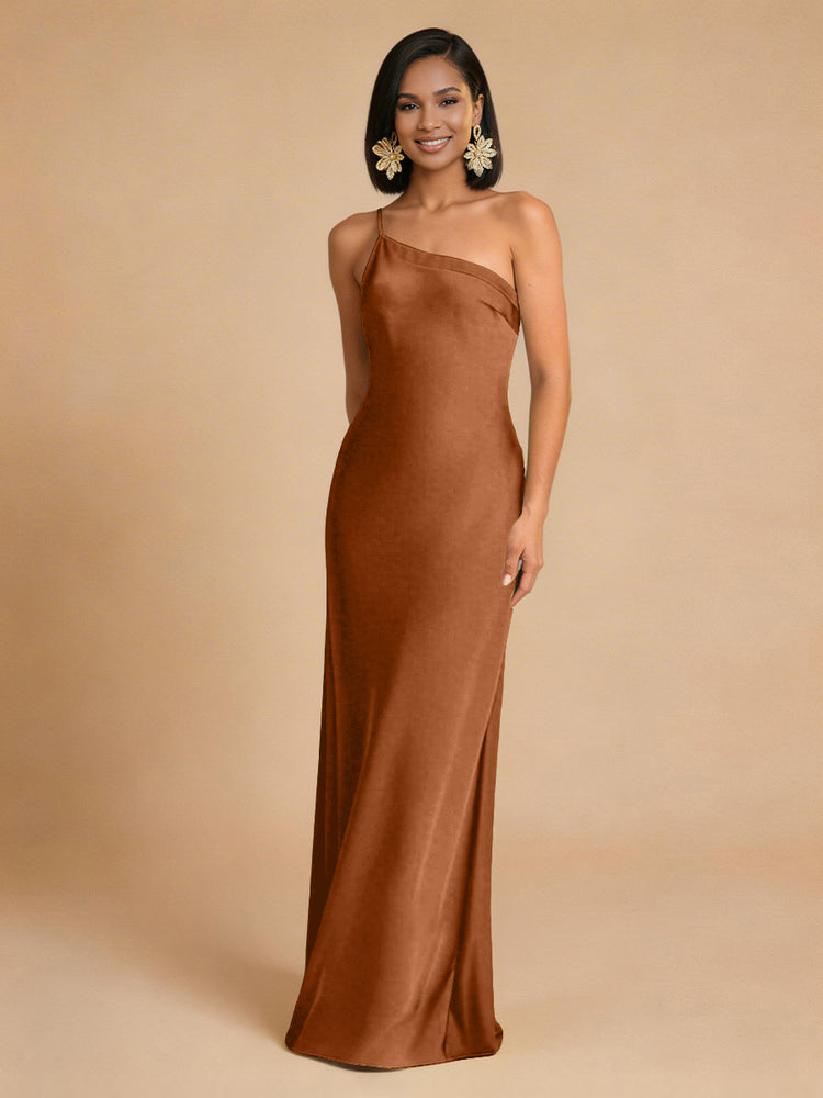 Satin Mermaid One Shoulder Long Simple Bridesmaid Dresses