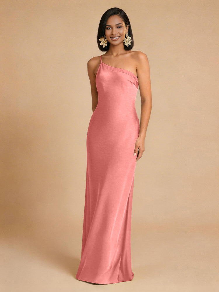 Satin Mermaid One Shoulder Long Simple Bridesmaid Dresses