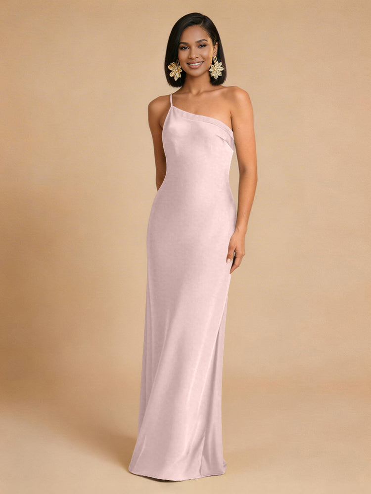 Satin Mermaid One Shoulder Long Simple Bridesmaid Dresses