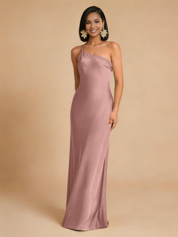 Satin Mermaid One Shoulder Long Simple Bridesmaid Dresses