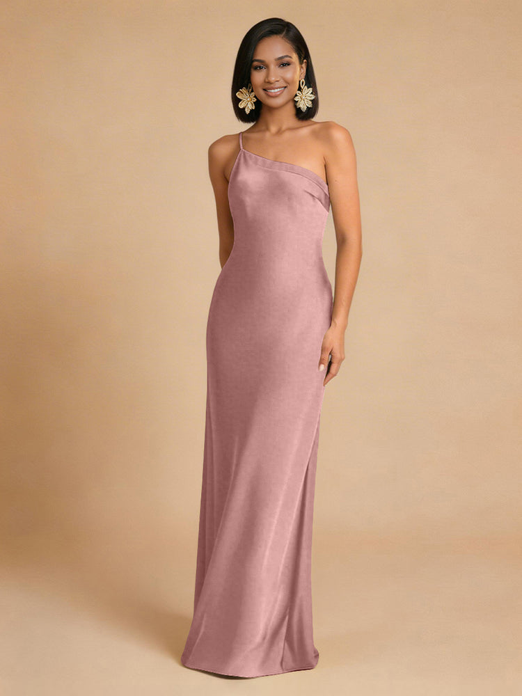 Satin Mermaid One Shoulder Long Simple Bridesmaid Dresses
