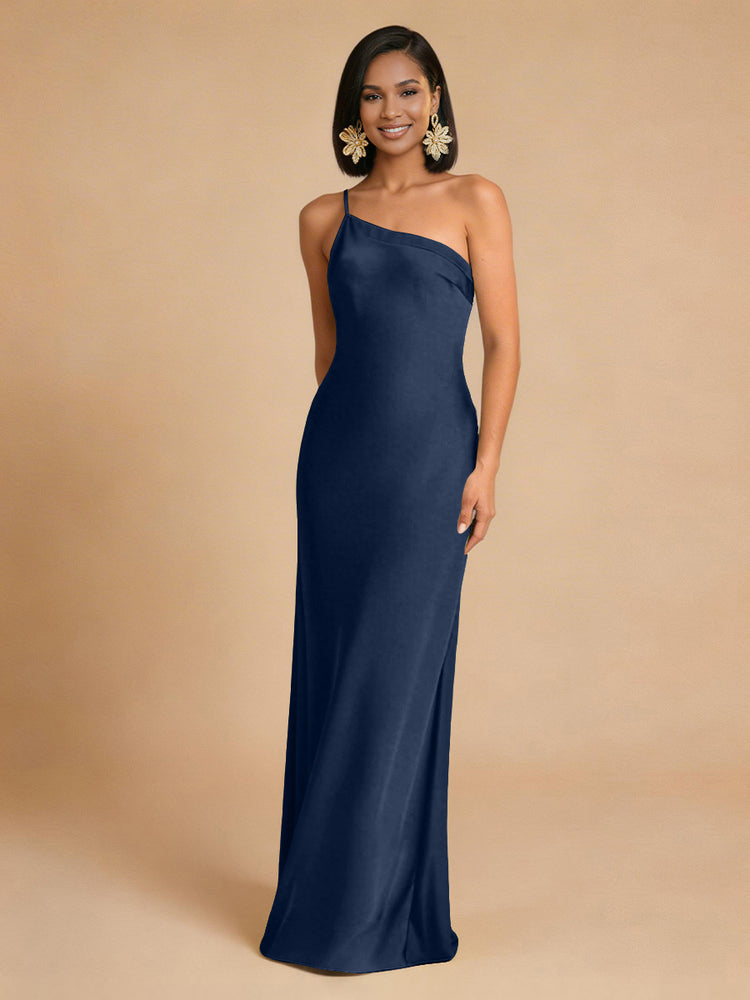 Satin Mermaid One Shoulder Long Simple Bridesmaid Dresses