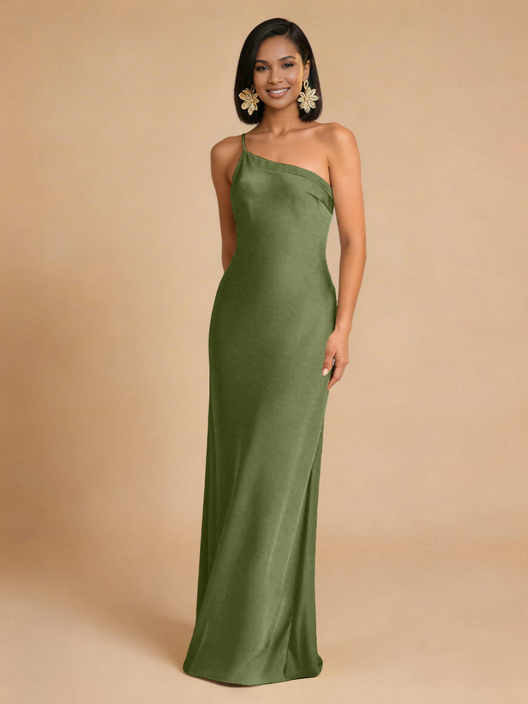 Satin Mermaid One Shoulder Long Simple Bridesmaid Dresses