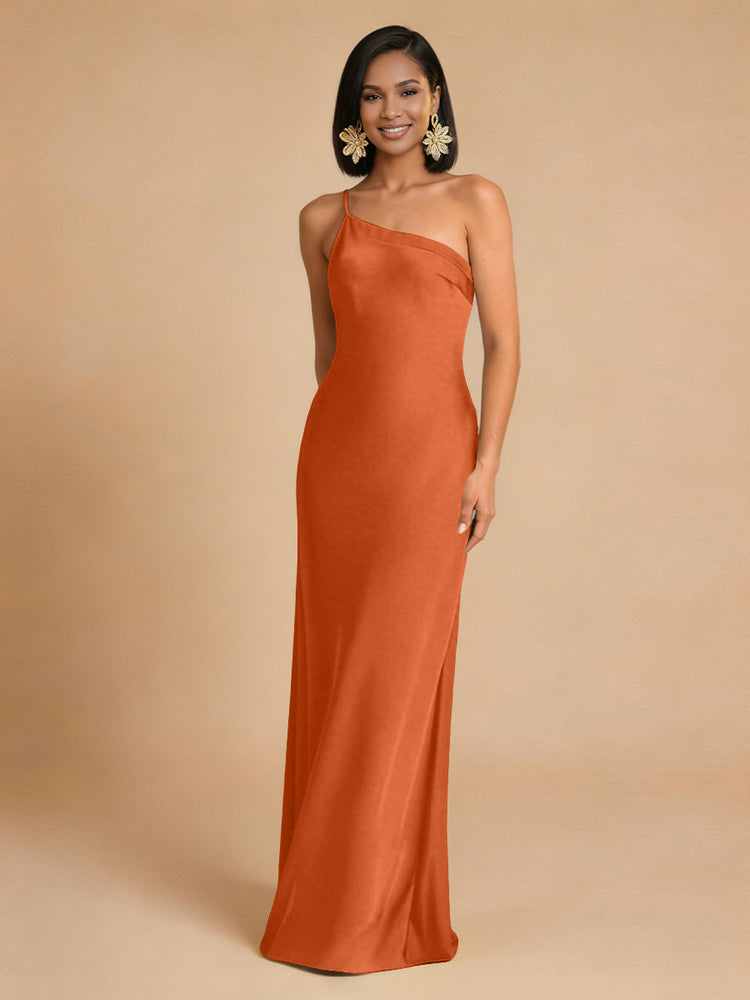 Satin Mermaid One Shoulder Long Simple Bridesmaid Dresses