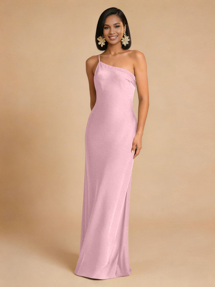 Satin Mermaid One Shoulder Long Simple Bridesmaid Dresses