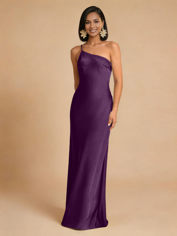 Satin Mermaid One Shoulder Long Simple Bridesmaid Dresses