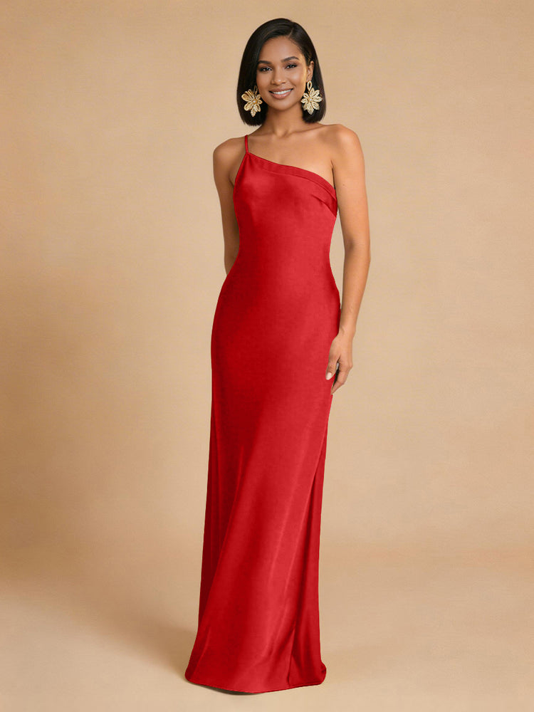 Satin Mermaid One Shoulder Long Simple Bridesmaid Dresses