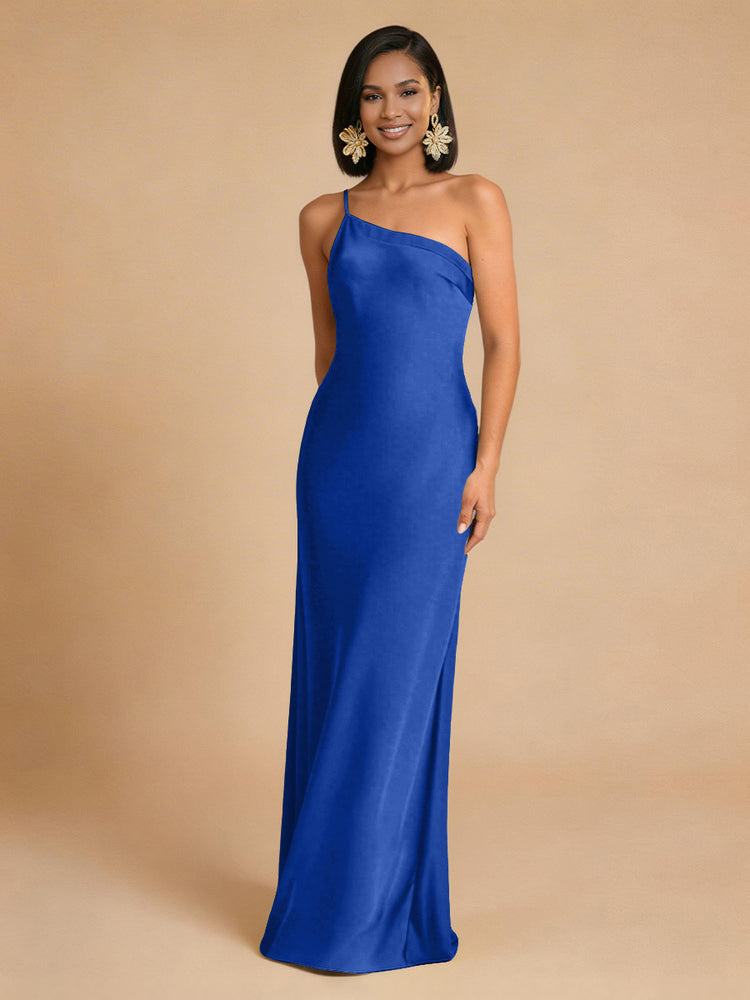 Satin Mermaid One Shoulder Long Simple Bridesmaid Dresses