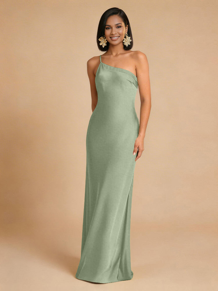 Satin Mermaid One Shoulder Long Simple Bridesmaid Dresses