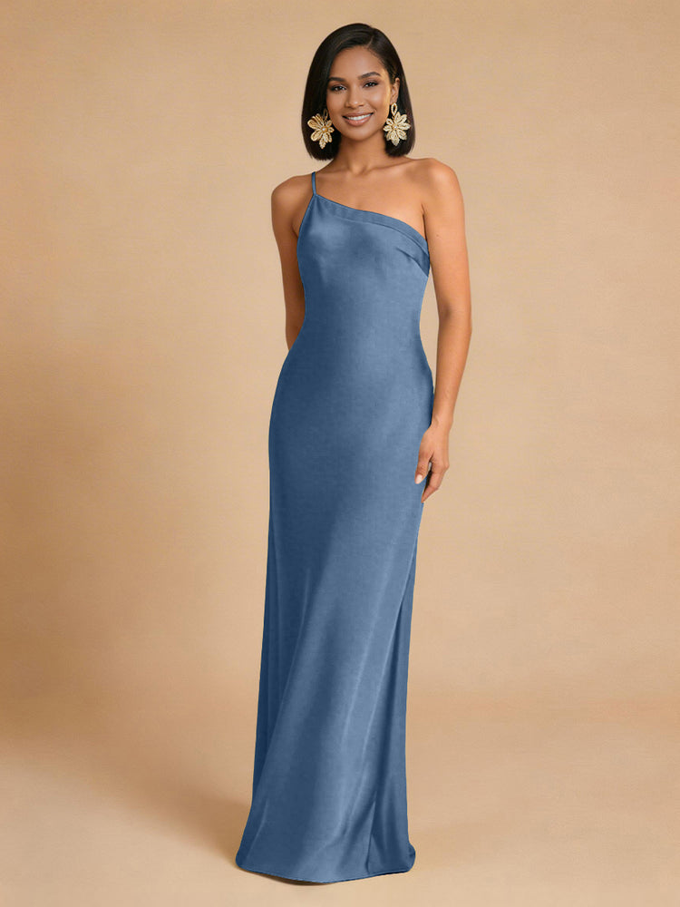 Satin Mermaid One Shoulder Long Simple Bridesmaid Dresses
